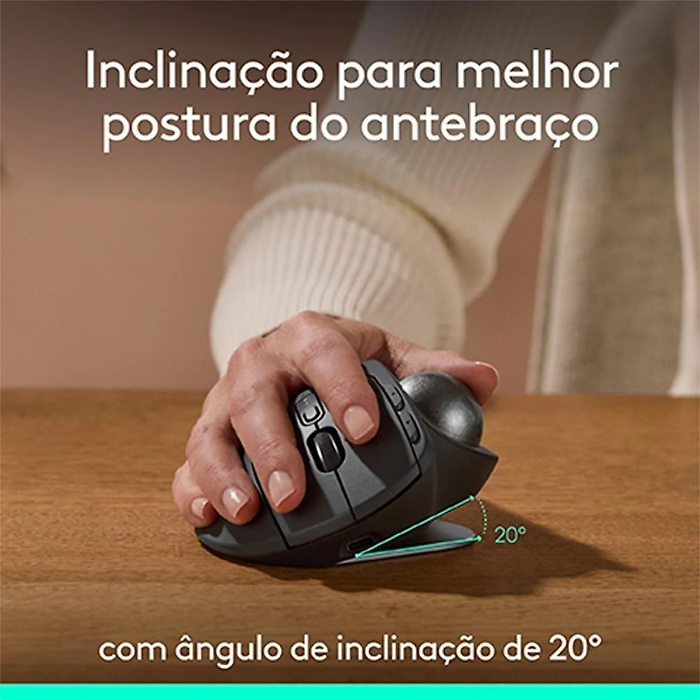 Mouse sem Fio Logitech Trackball MX Ergo S,  Bluetooth e USB Logi Bolt, 6 Botões Programáveis com Ajuste de Ângulo, Preto - 910-007261
