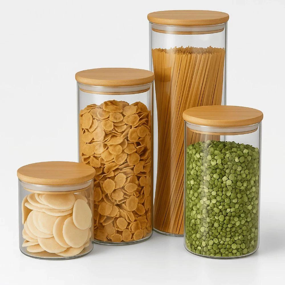 Kit 4 Potes Herméticos Vidro Borossilicato Tampa de Bambu Transparente Aura