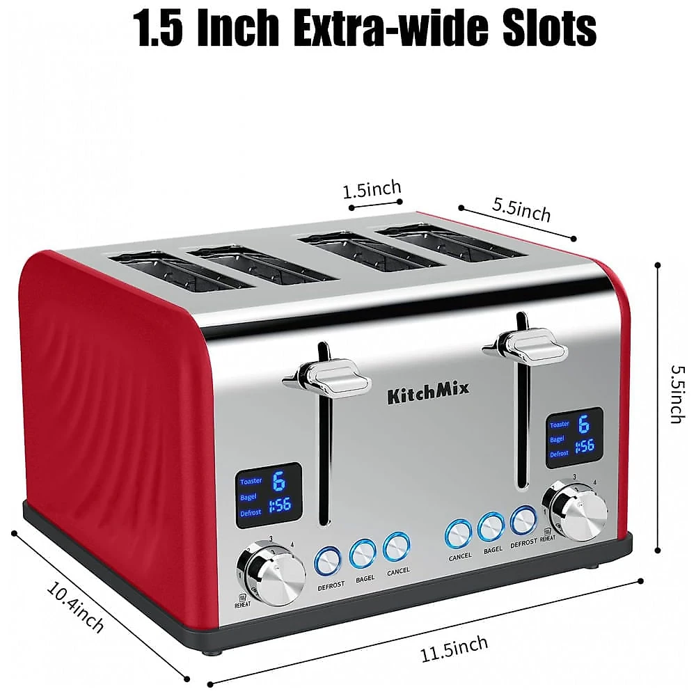 Torradeira Elétrica de 4 Fatias em Aço Inoxidável e Temporizador LCD, 110V 1650W, KitchMix, Vermelha