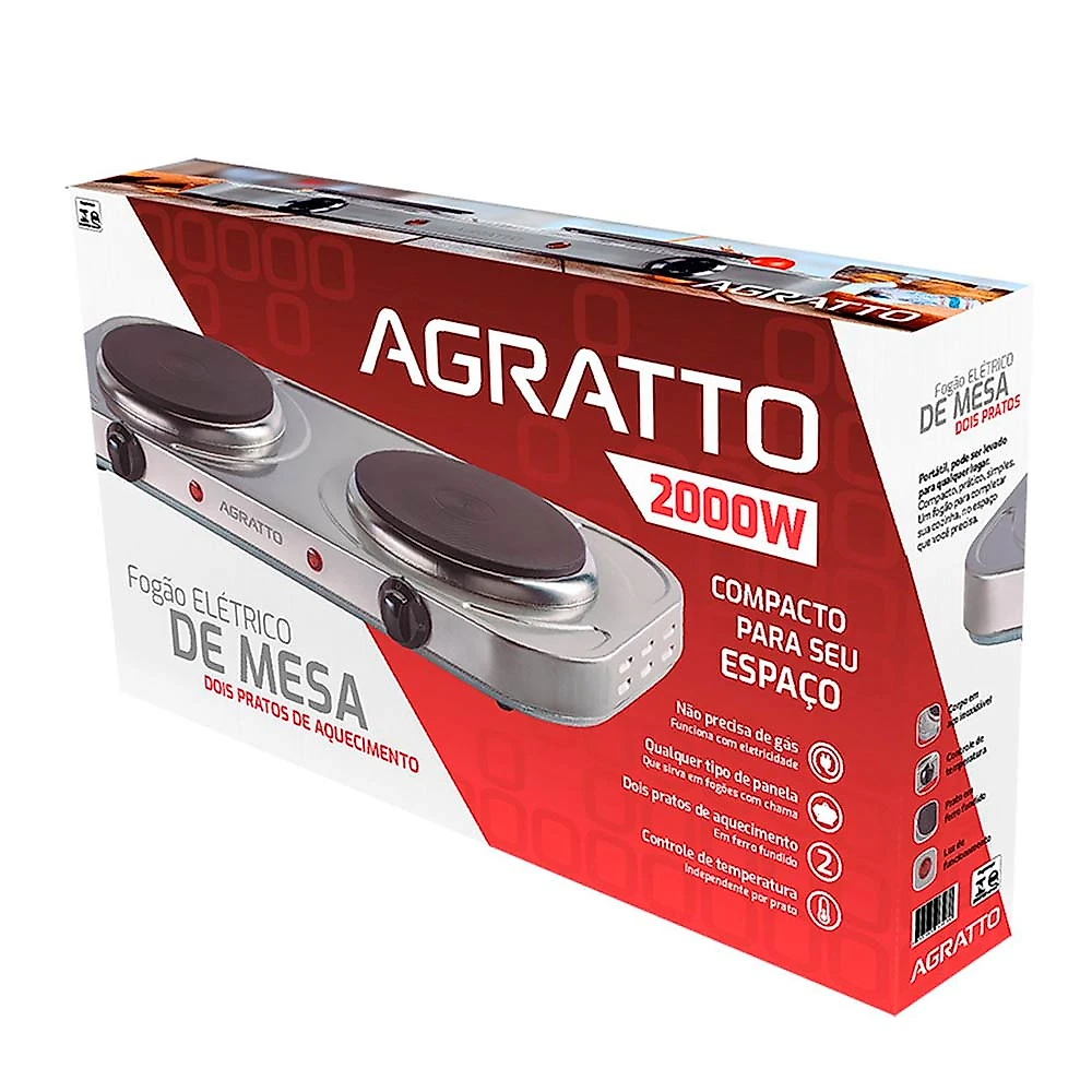 Fogão de Mesa Elétrico 2 Bocas Agratto FM-01 Inox 127V 2000W