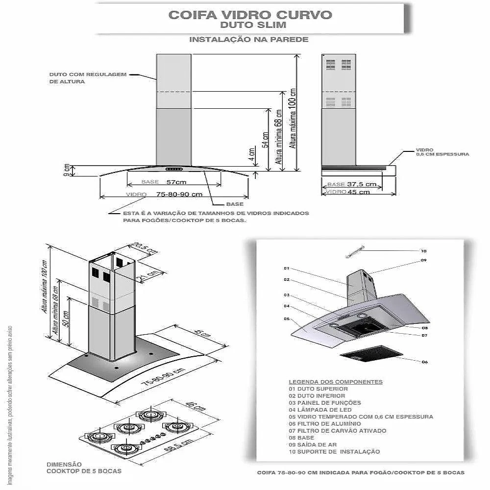 Coifa De Parede Terim Vidro Curvo Black Duto Slim 75 Cm Preto 110V