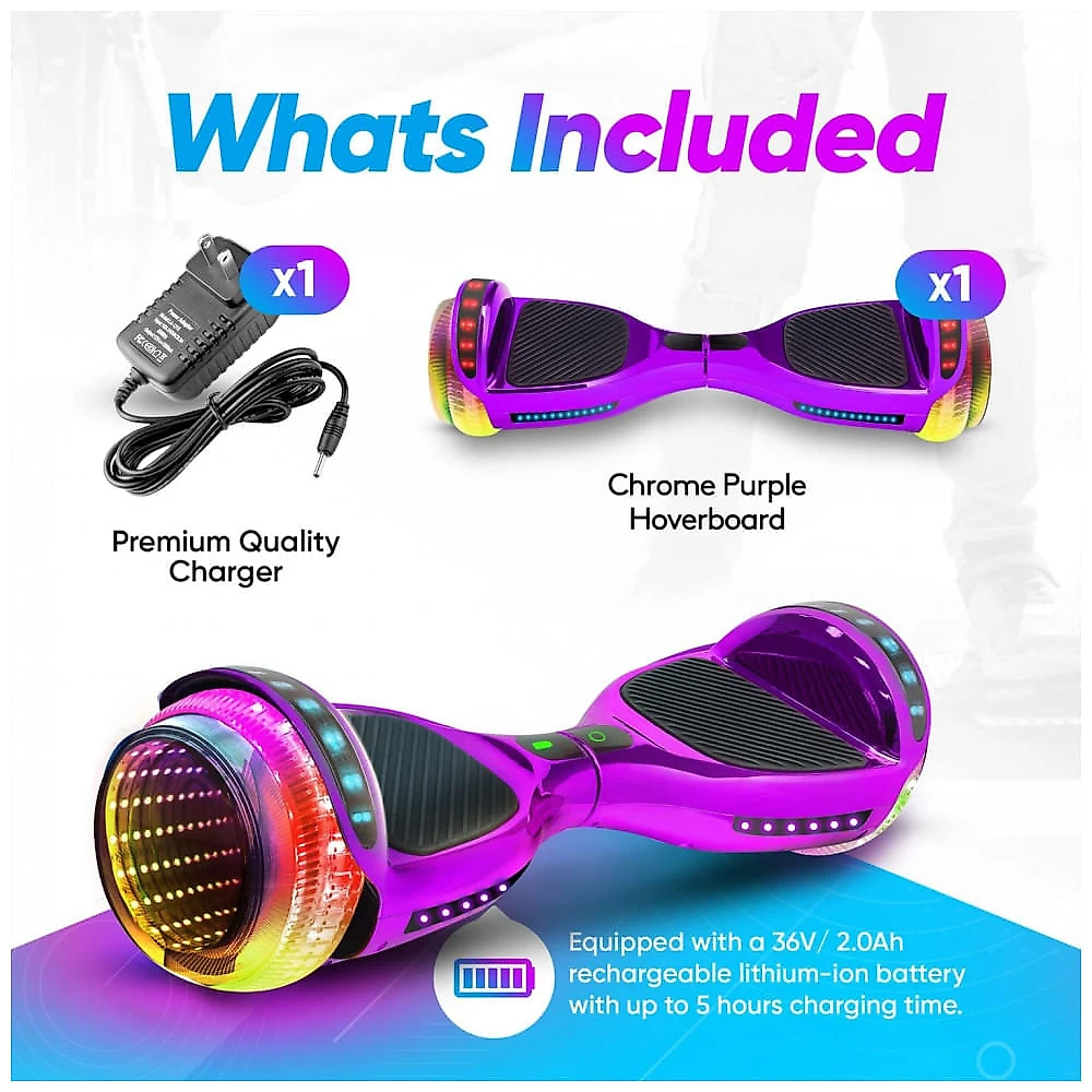 Hoverboard Emaxusa Roxo de 6,5 Polegadas para Crianças com Bluetooth, Rodas LED Estilo Túnel e Plataforma Antiderrapante