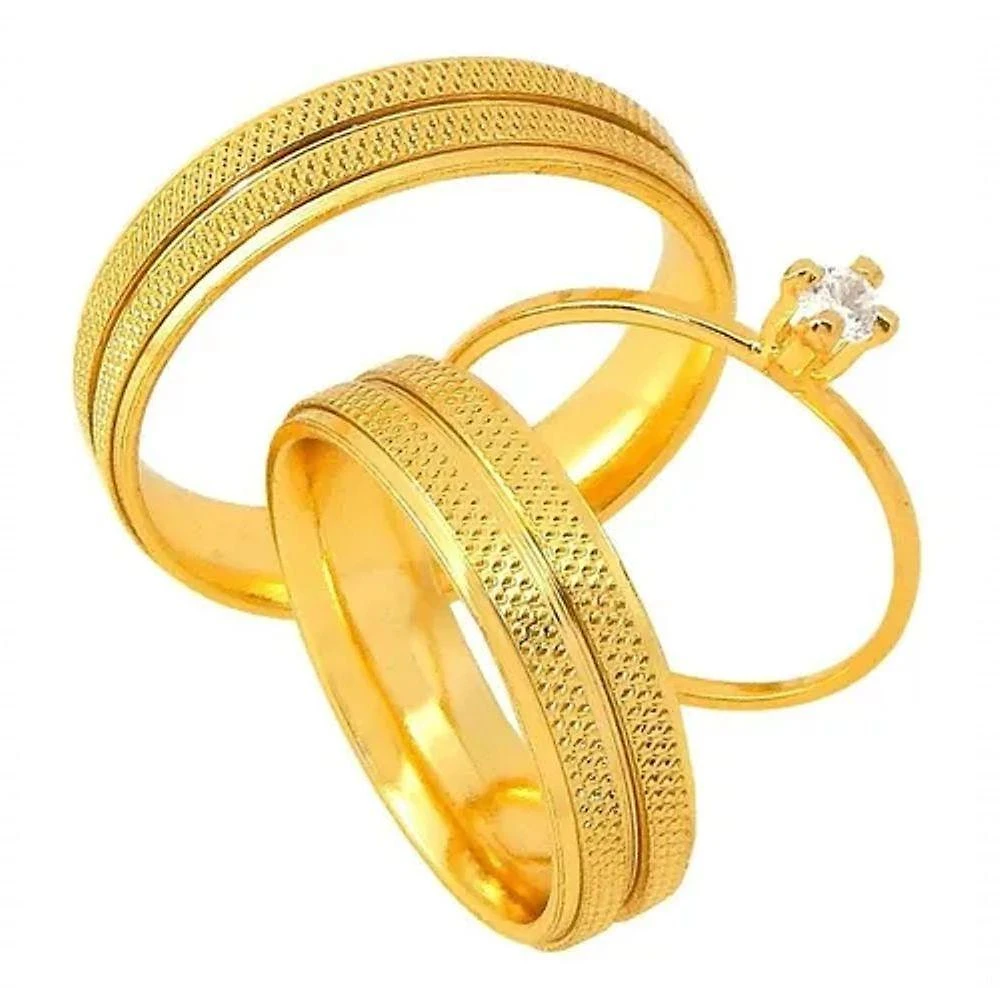 Par De Alianças Banhada Ouro 18k 5mm Recartilhada Solitário