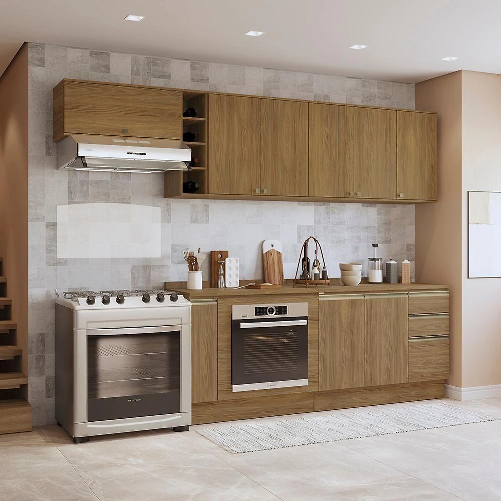 Armário De Cozinha Completa 3 Gavetas 100% Mdf 300cm Nogueira Celeste Kappesberg