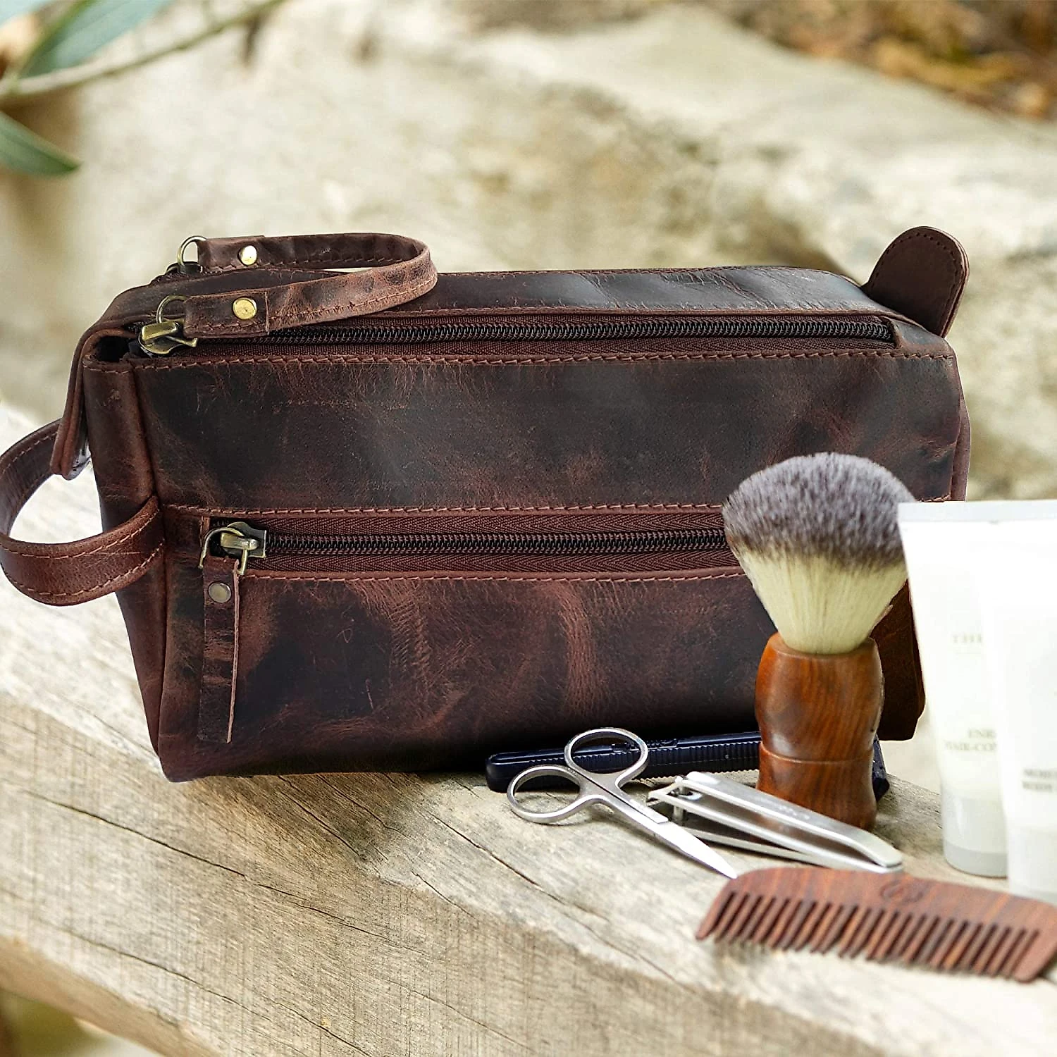 Rustic Town Necessaire Masculina Vintage de Couro Genuino com Forro à Prova dÁgua Marrom