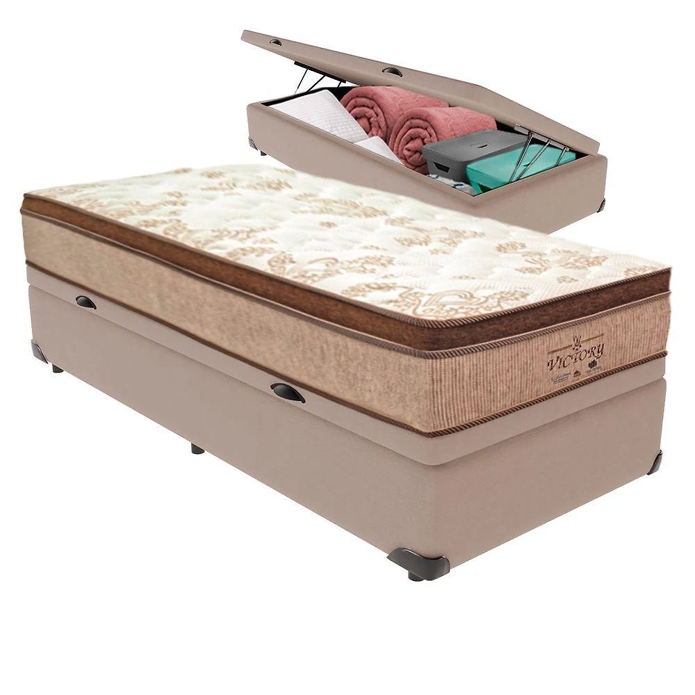 Cama Box com Baú Solteiro Bravus Euro Pillow Molas Ensacadas Bege Vtech 78CM