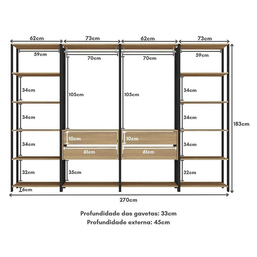 Guarda-roupa Closet Modulado Texas 4 Gavetas 270cm Multimóveis Mp4787 Preto/madeirado