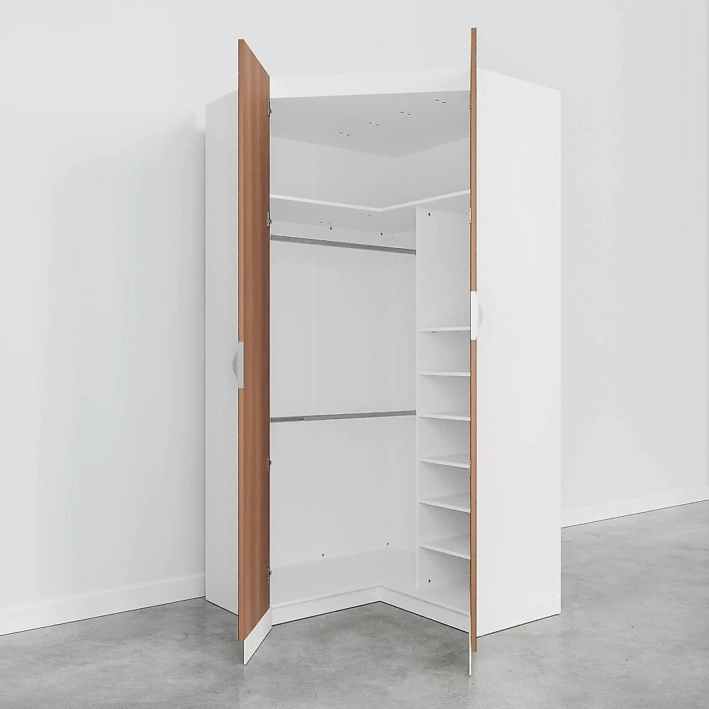 Guarda Roupa de Canto Closet com 6 Prateleiras e Portas de Espelho Hera CabeCasa MadeiraOriginals Guarda Roupa de Canto Closet com 6 Prateleiras e Portas de Espelho Modular Hera Cabecasa Madeiramade Branco Geada/Louro