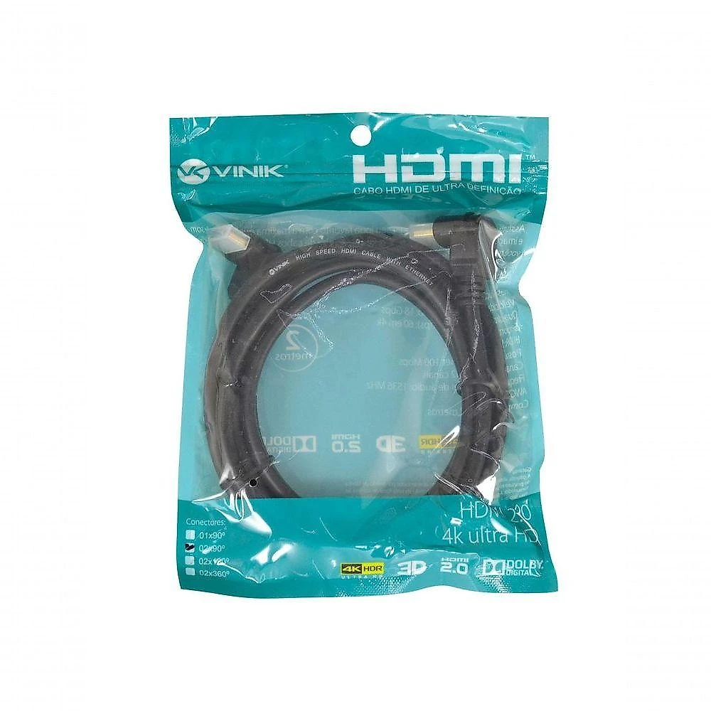 Cabo Hdmi 2.0 4k Ultra Hd 3d Conexão Ethernet Com 01 Conector 90º 2 Metros - H2090-2