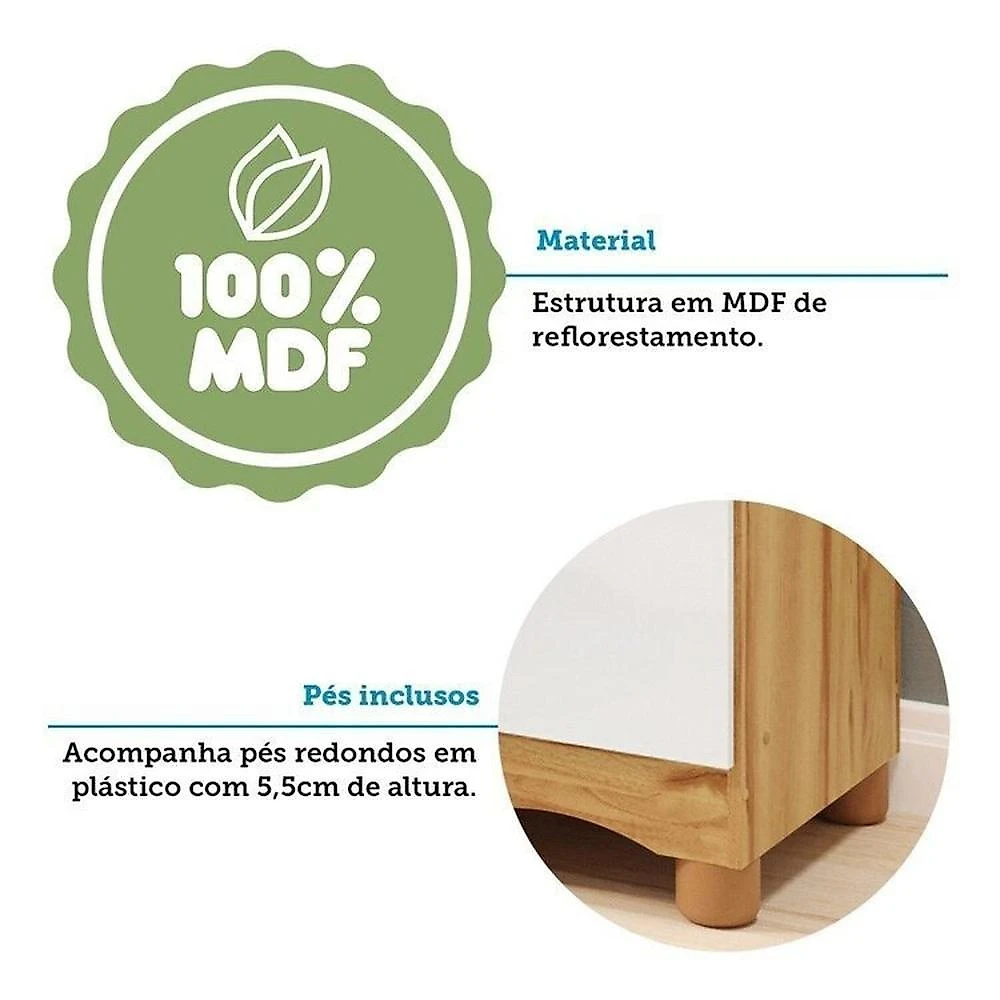 Quarto de Bebê com Berço Minicama e Guarda-roupa 3 Portas 100% MDF Nina Espresso Móveis Branco Brilho/Amêndoa