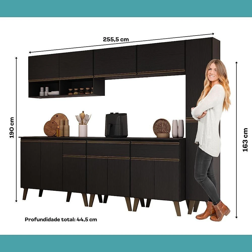Cozinha Completa Atlanta Bay 13 Portas 3 Gavetas MDF Preto Touch Carraro
