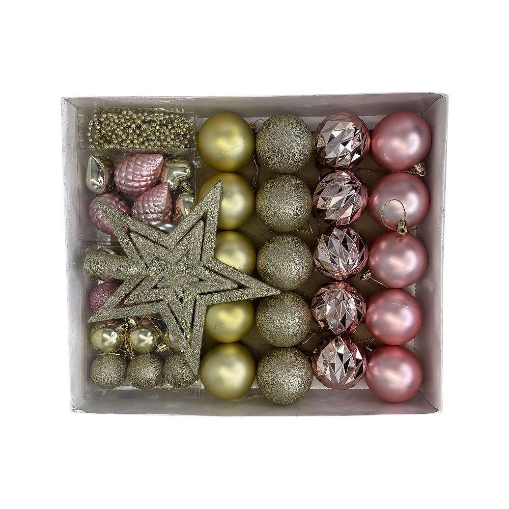 Kit Enfeites De Natal Bolas Estrela Dourado E Rosa Completo