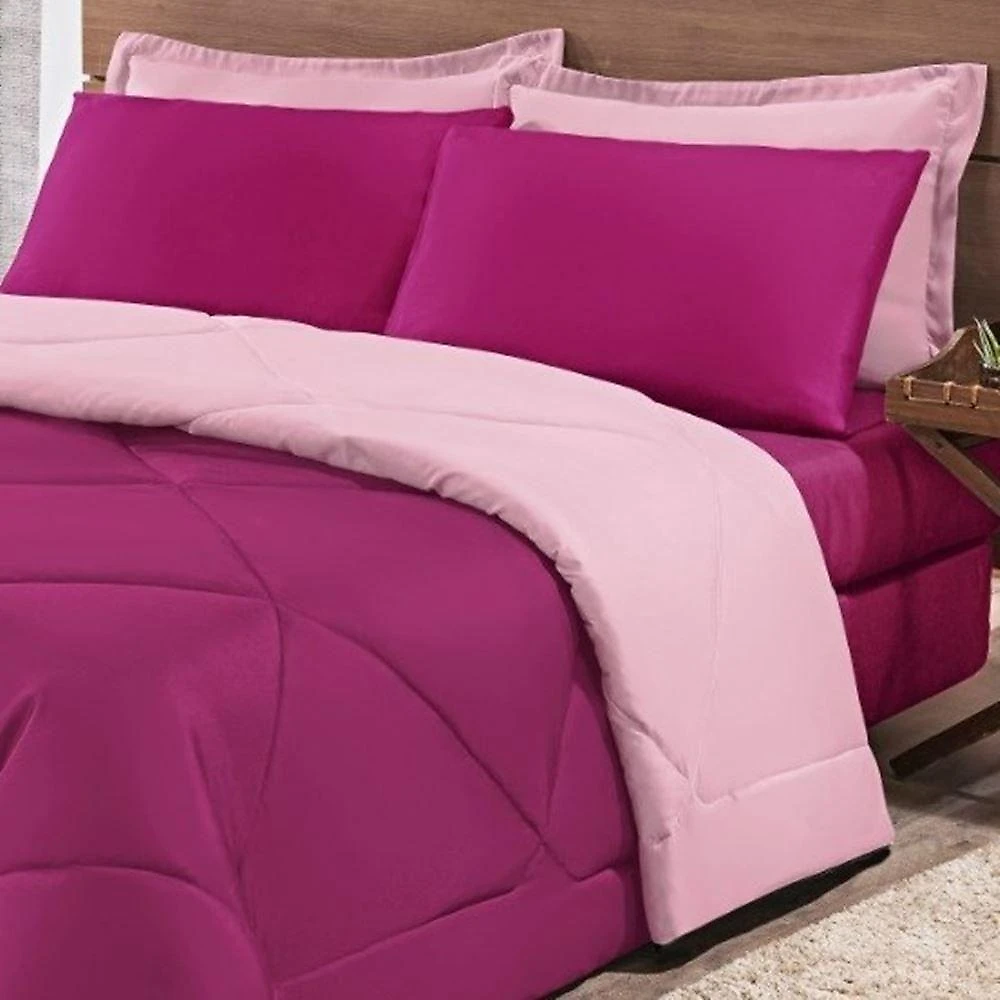 Kit Edredom + Jogo De Lençol Aconchego Look House Dupla Face Solteiro 04 Peças - Pink E Rosa