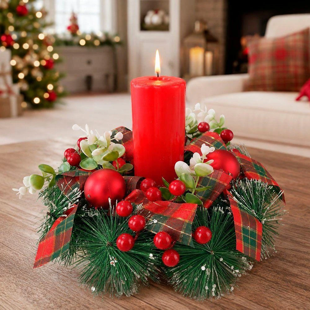 Arranjo Centro Mesa Natalino com Acabamento Nevado e Glitter Verde e Vermelho com Vela Aromática