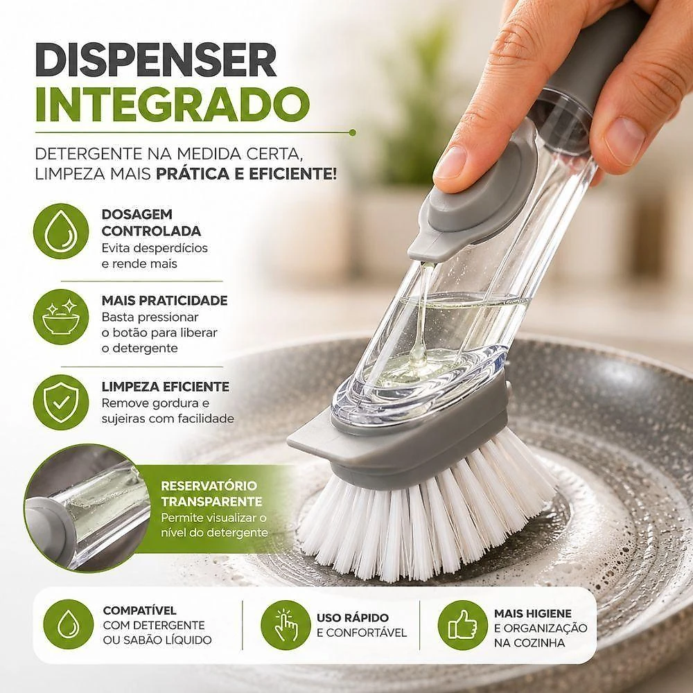Escova de Limpeza com Dispensador de Detergente Multiuso PP e Borracha com Raspador para Cozinha