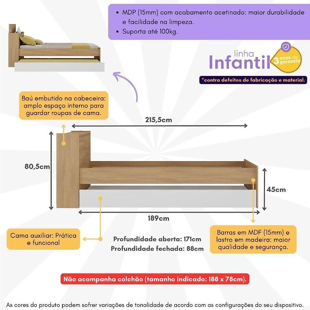 Bicama De Solteiro Para Colchão 188 X 78cm Com Baú Embutido Multimóveis Mp4258 Rustic/branco Rustic/branco