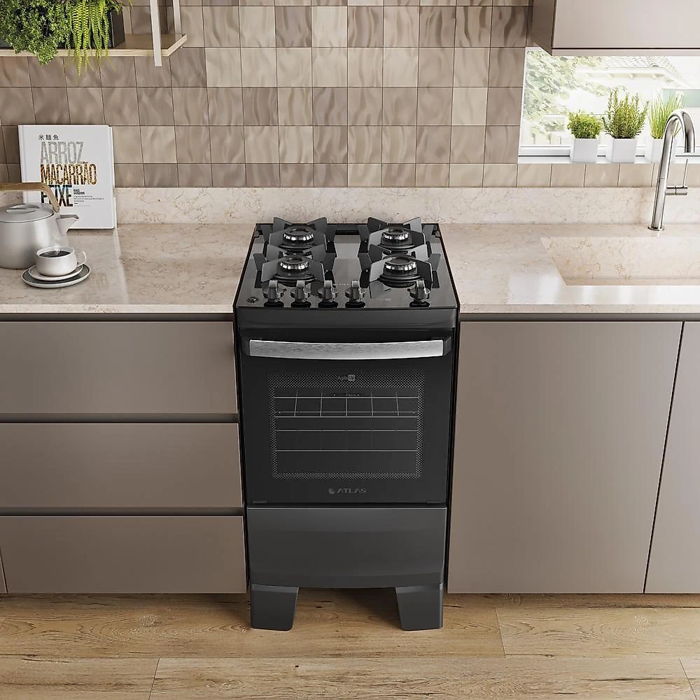 Fogão 4 Bocas Atlas Agile Up Com Mesa De Vidro A Gás Bivolt Preto