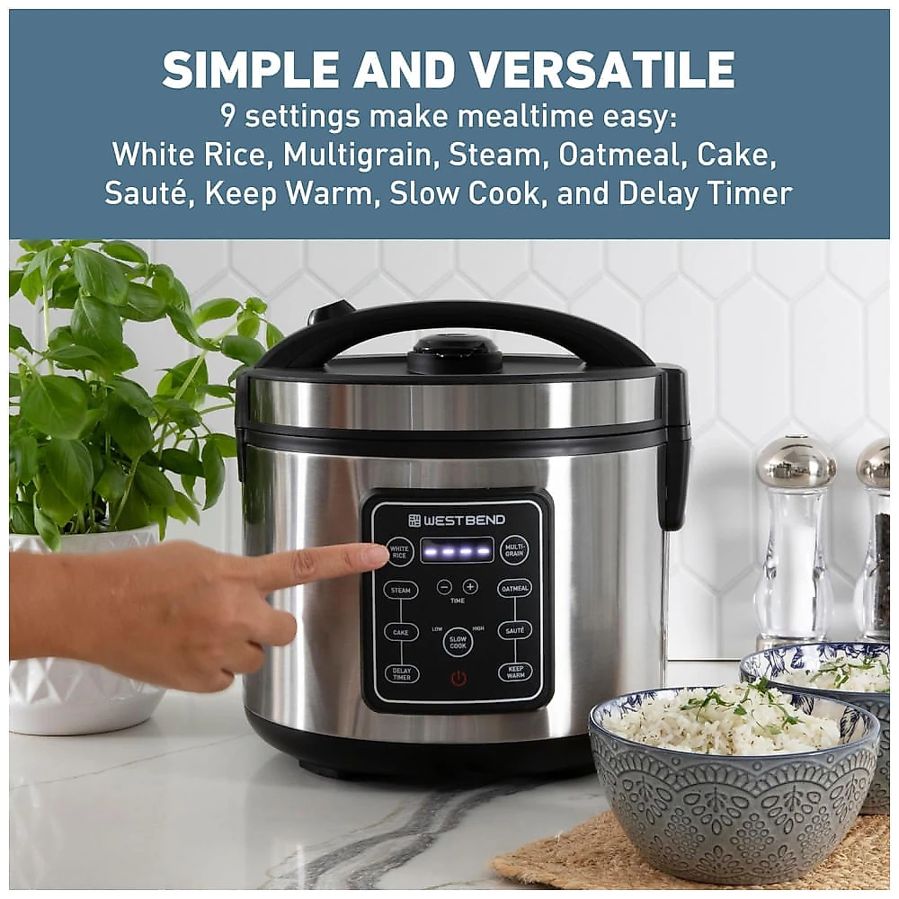 Panela Elétrica Multifuncional West Bend 9 em 1 para Arroz e Grãos, Timer de Atraso, Função Manter Quente, Cesto de Vapor - Capacidade de 20 xícaras