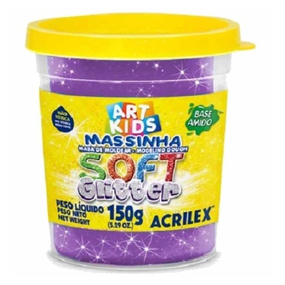Massinha para Modelar Escolar Acrilex Soft com Glitter Pote 150G Uso Infantil Aroma Agradável
