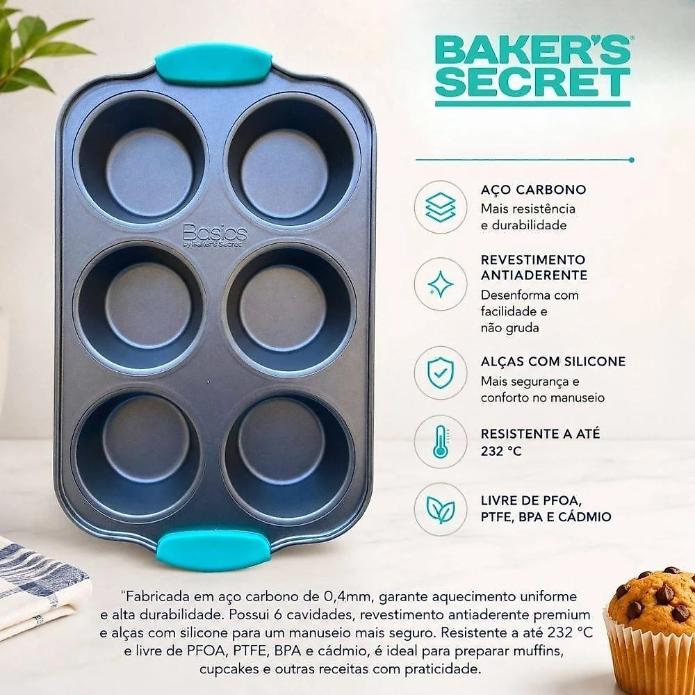 Forma para Cupcake Muffin Mini Bolo BS10526 Antiaderente Aço Carbono Silicone 6 Cavidades Cinza