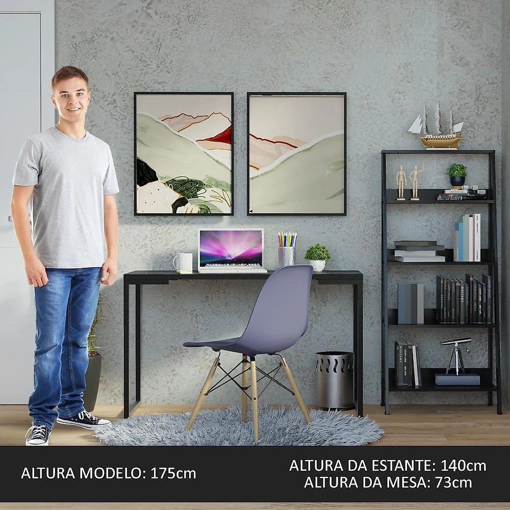 Conjunto Escritório Home Office Com Mesa Industrial + Estante Escada Preto Madesa Preto