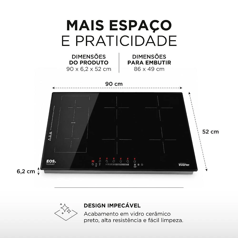 Cooktop de Indução 6 Bocas EOS 90cm Inverter Freezone Preto 10500W ECIP062EPIF 220V