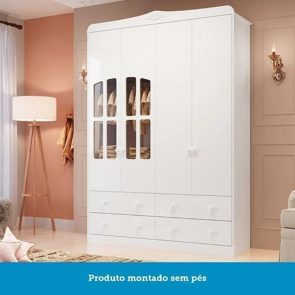 Quarto de Bebê Berço com Capitonê Guarda Roupa e Cômoda com Janela Maya Clássico Espresso Móveis Branco Brilho/Corino Branco