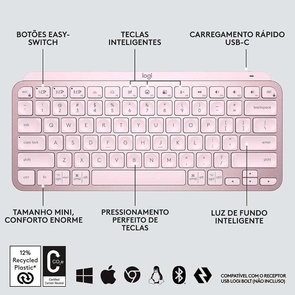 Teclado sem fio Logitech MX Keys Mini - Rosa