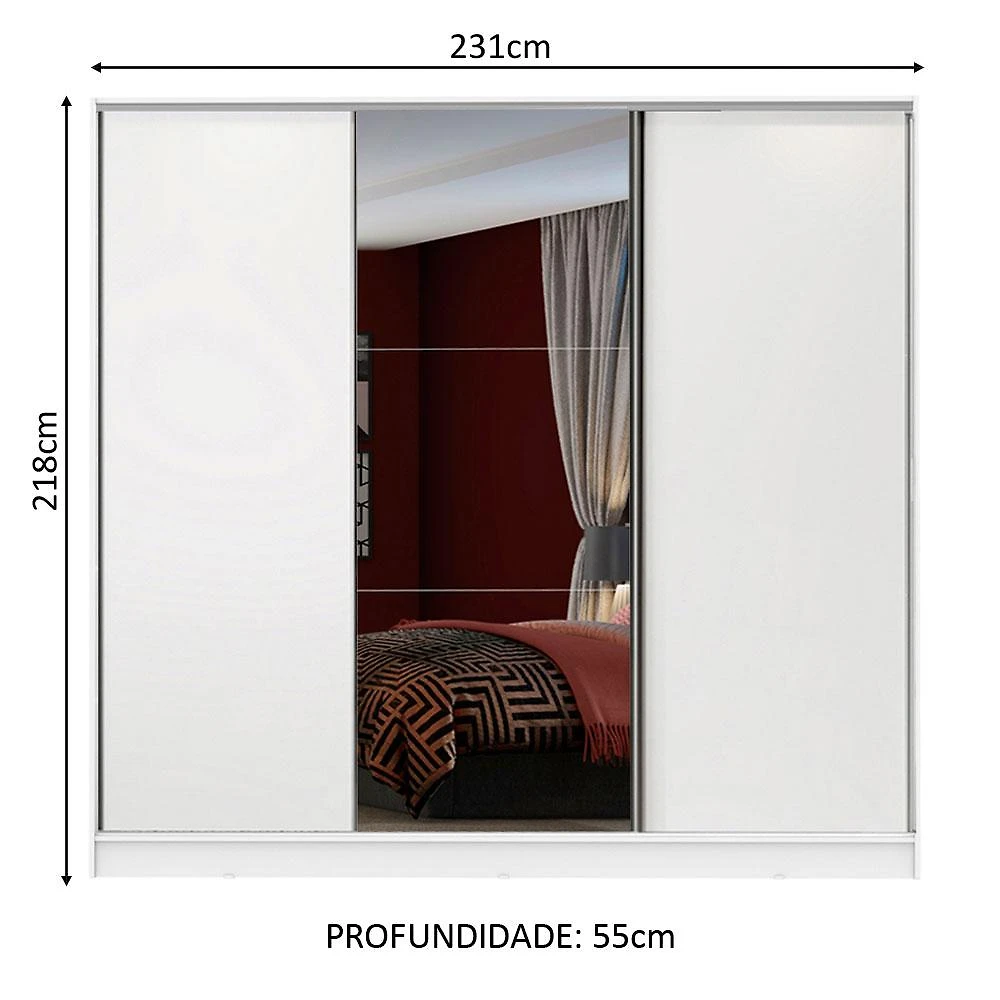 Miniatura Guarda Roupa Casal 100% MDF Madesa Zurique 3 Portas de Correr com Espelho - Branco Branco