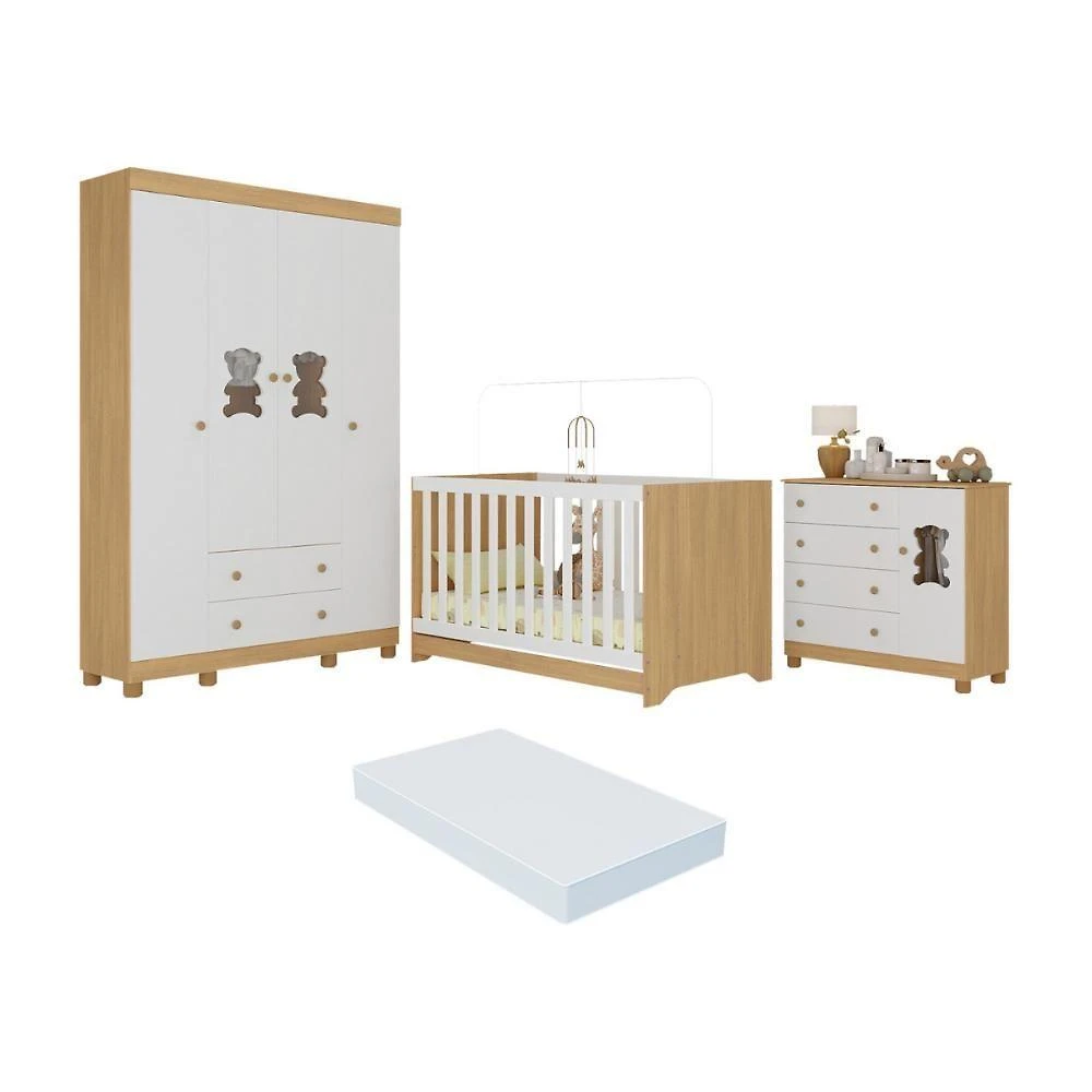 Quarto De Bebê Completo Berço Americano 3 Em 1 Colchão Fofura Multimóveis MP4661 Madeirado-branco