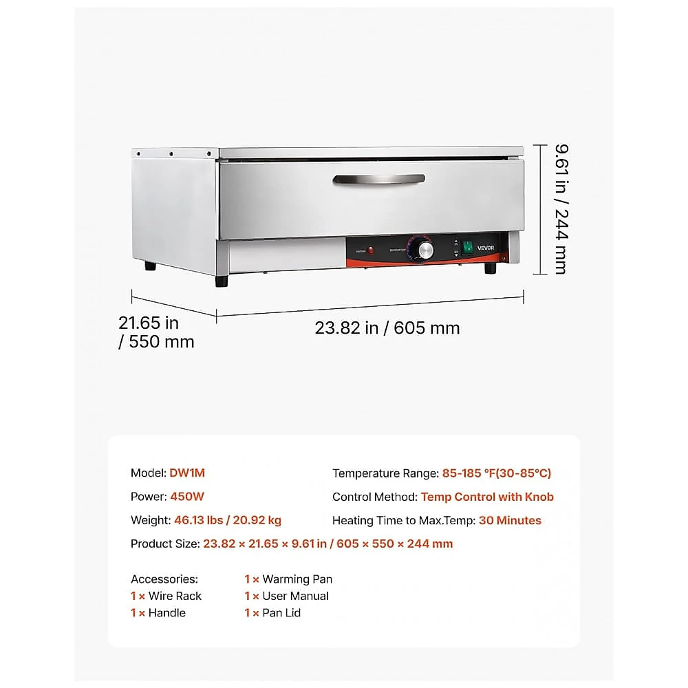 Aquecedor de Gaveta Comercial VEVOR Inox 1 Gaveta 30–85°C Pernas Removíveis 110V
