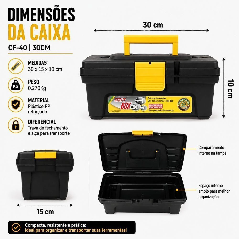 Caixa de Ferramentas CF-40 Plástica com Trava Alça 30cm Preta Yeet