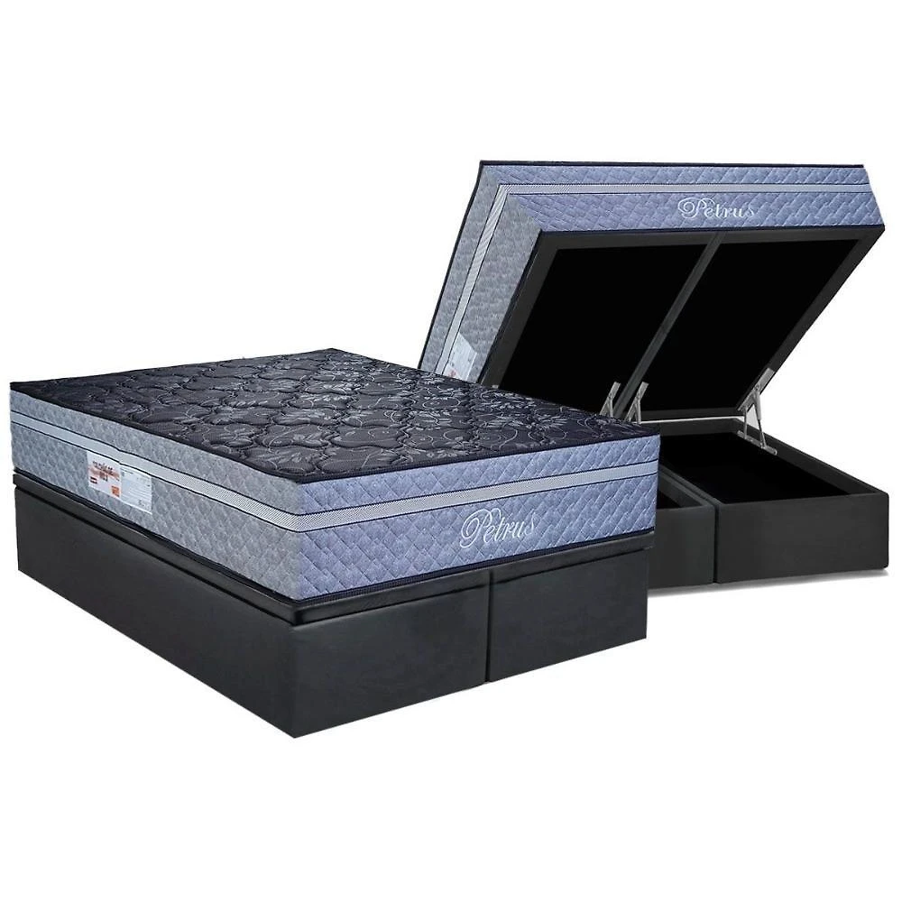 Cama Box Baú Queen: Colchão Molas Masterpocket Ensacadas Paropas Petrus Grafite + Base Crc Suede Gray (158x198)