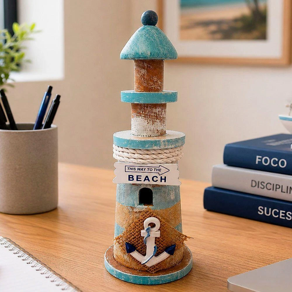 Farol Decorativo Marítimo Artesanal Madeira 22cm Azul