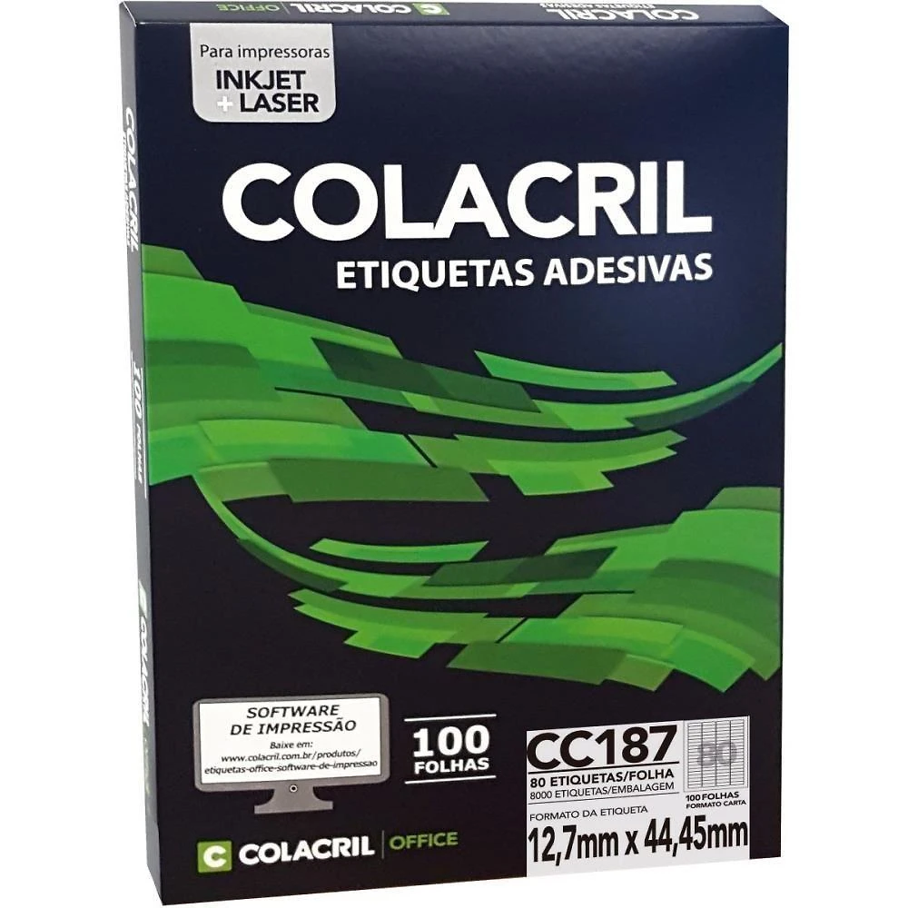 Etiqueta Autoadesiva Colacril Carta 12,7x44,45MM 100 Folhas Branco