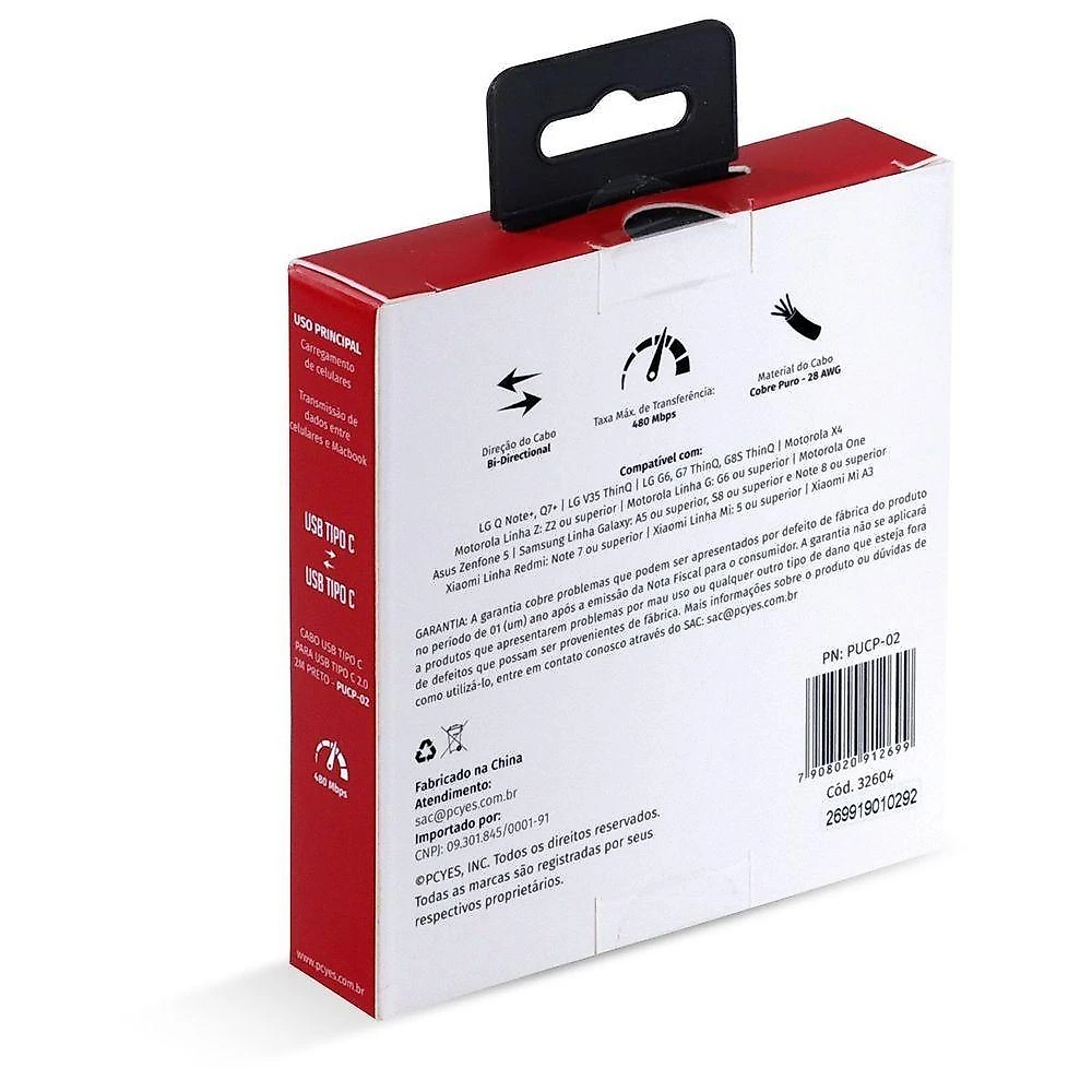 Cabo USB Tipo C Pcyes para Celular Carregamento e Dados 2.0 480MBPS 5V 3A Preto 2M