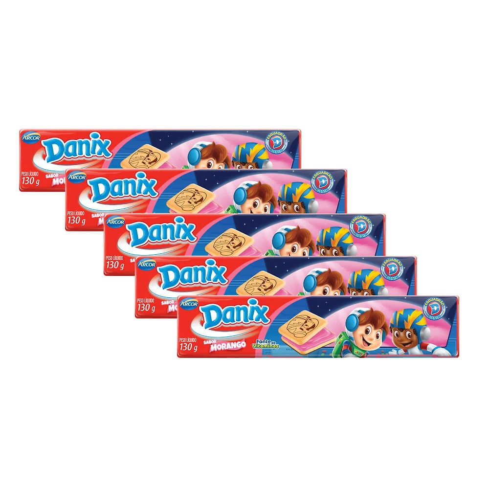 Kit 5 Biscoito Recheado Danix Sabor Morango com 130g