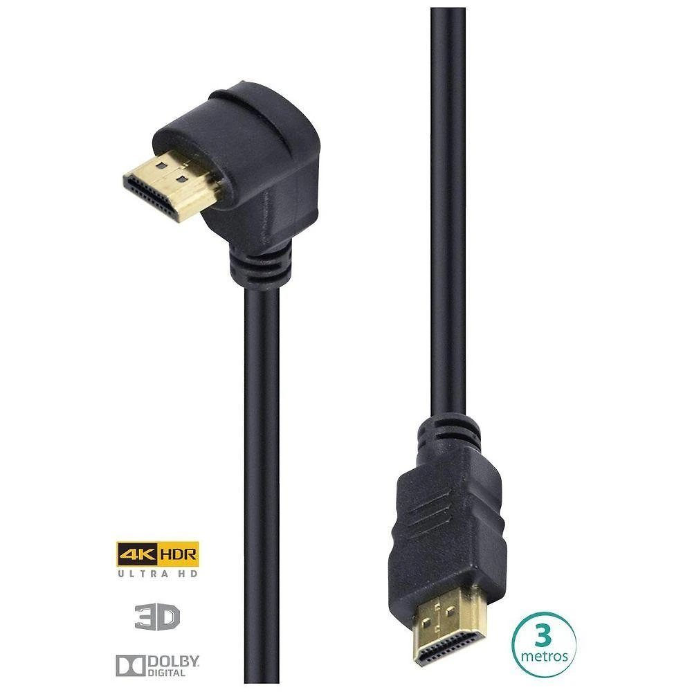 Cabo HDMI Vinik H2090-3 para Áudio e Vídeo 4K com HDMI 2.0, Suporte 3D, HDR e Conector 90º Preto