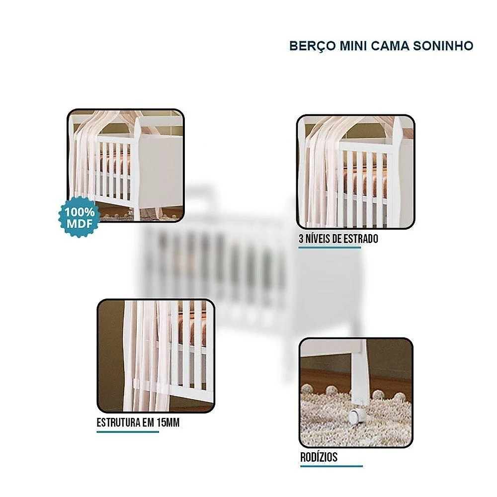Guarda Roupa Infantil Flocos 3 Portas 2 Gavetas MDF 70CM Branco com Berço e Colchão Tigus Móveis