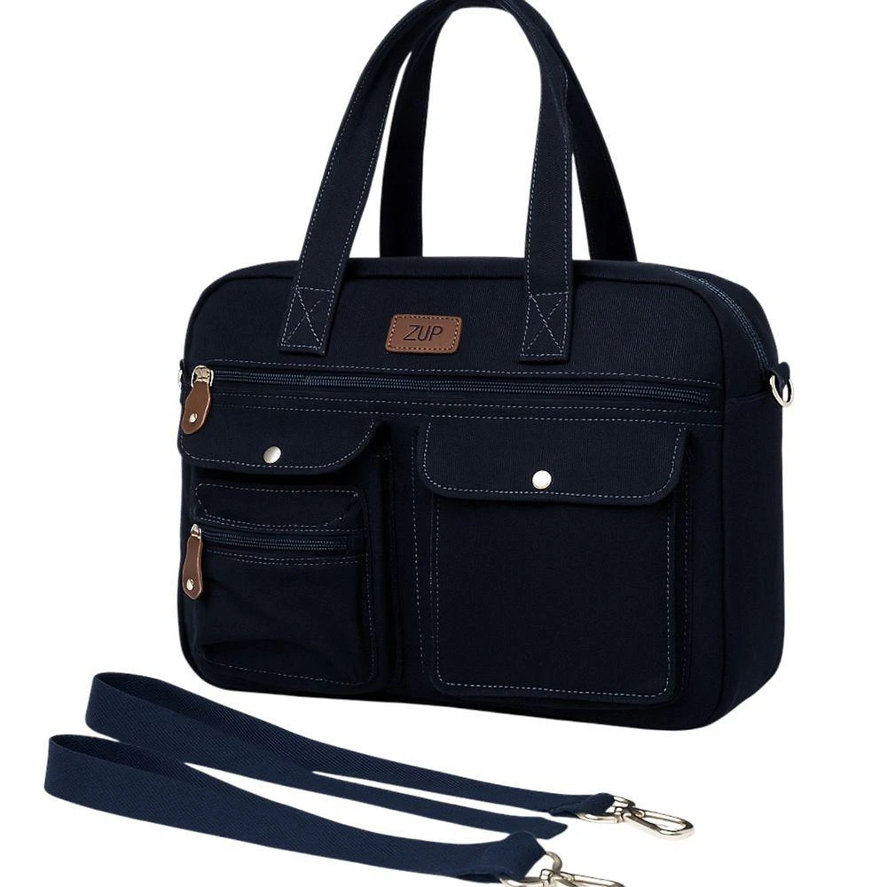 Bolsa Zup Bags Teach Lona de Algodao 38CM Azul Marinho Compartimentos para Laptop 15.6