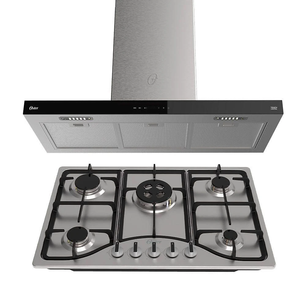 Kit Inox Cooktop A Gás 5 Bocas E Coifa De Ilha 90 Cm Oster 220V