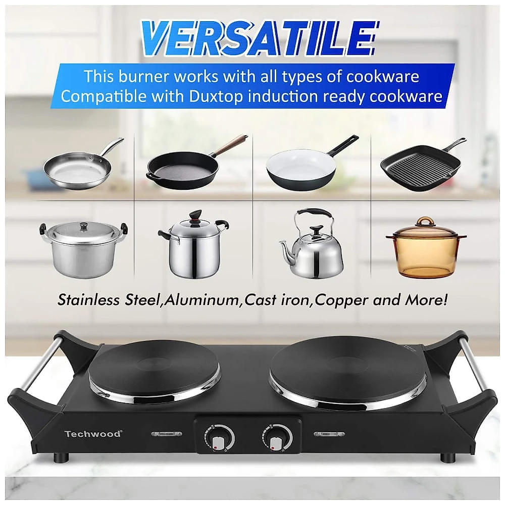 Cooktop Eltrico Porttil com Queimador Duplo, Temperatura Ajustvel e Alas que Mantm Frio, 110V 1800W, Techwood, Preto 110v