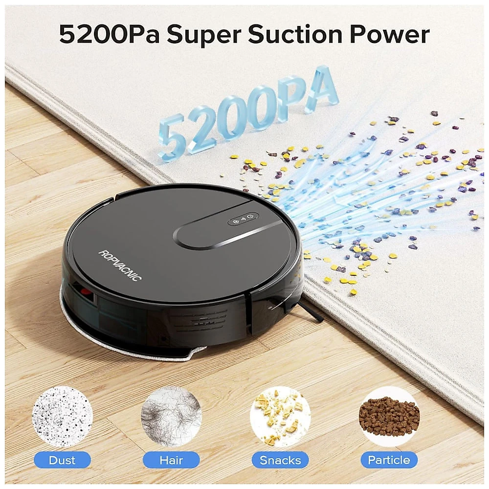 Robô Aspirador ROPVACNIC S1 2em1 com Mop 5200Pa Preto Inteligente App Alexa 120min