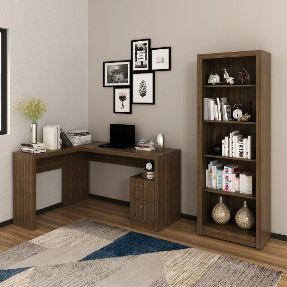Kit 2 Peças com Mesa para Escritório em L e Estante Livreiro
