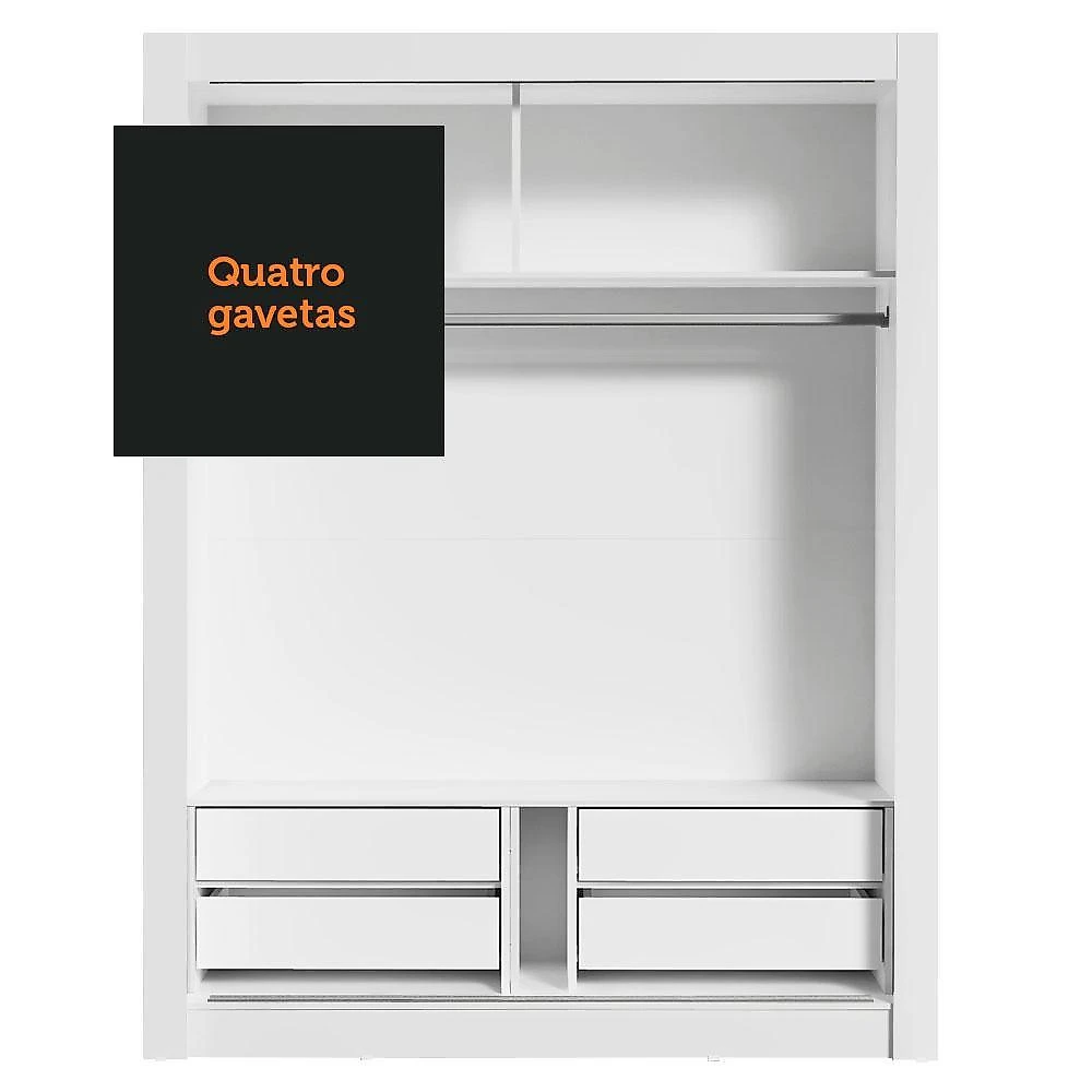 Guarda-roupa solteiro madesa dallas plus 2 portas de correr com espelho 4 gavetas - branco/rustic