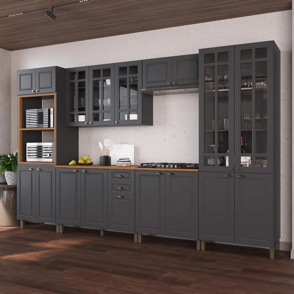 Cozinha Completa Modulada Nara 18 Portas 2 Gavetas MDF 350CM Chumbo Fidelita Móveis