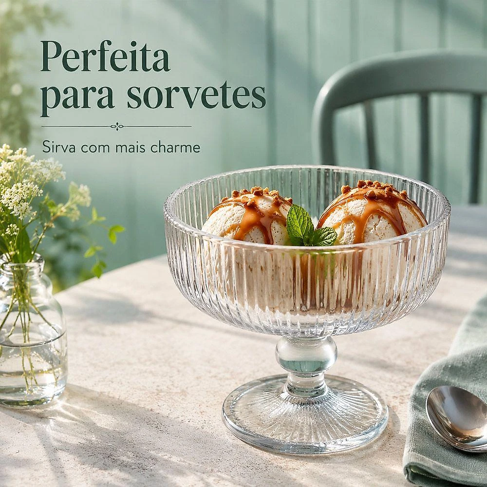 Taça de Sobremesa Lines em Vidro Transparente com Textura em Relevo para Coquetel e Sorvete Kit 4