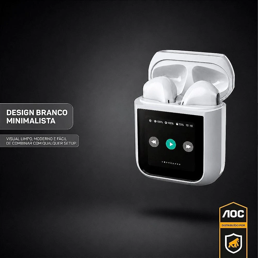 Fone Bluetooth com Visor Touch LED, Controle de Música, Bateria de Longa Duração e Estojo Inteligente – Branco - AOC