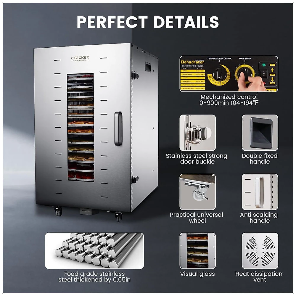 Desidratador de Alimentos Profissional com Rotação Automática 360º e 16 Bandejas em Aço Inoxidável, 110V 1500W, Cerck...