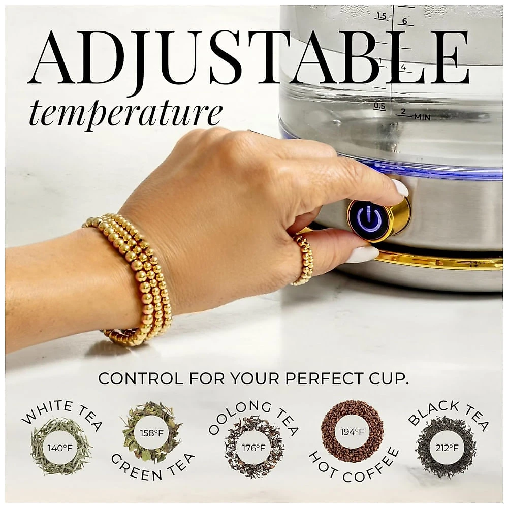 Chaleira elétrica STYLED SETTINGS inox e vidro 1,7L 1500W com controle de temperatura e manutenção aquecimento 110V